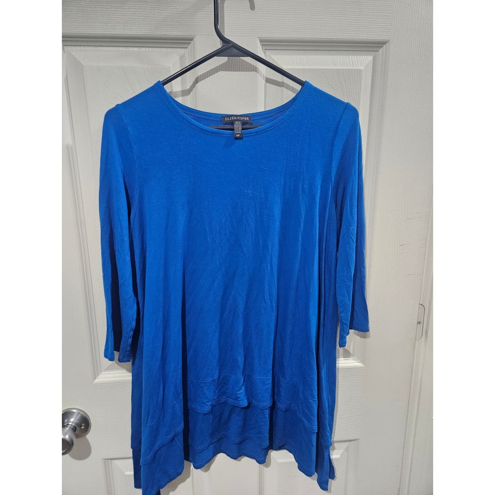 Eileen Fisher Royal Blue‎ Tiered Hem Tunic Top 3/4 Sleeve Small S/P